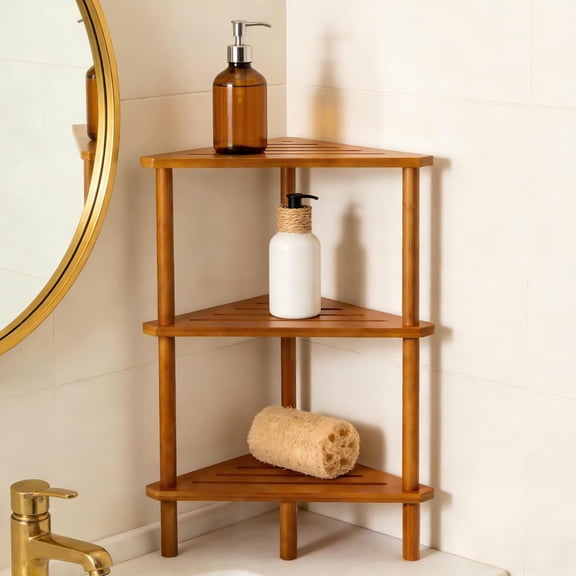 3-Tier Free Standing Corner Shower Caddy, Bamboo Wood Bathroom Shower Shelf Table for Inside Shower Organizer & Storage Foot Rest Shower Stool