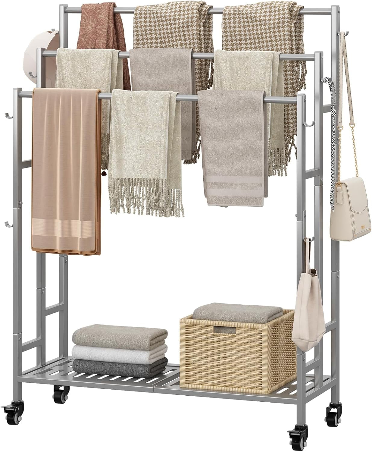 3 Tier Free Standing Metal Towel Rack with Storage Shelf and Wheels for Extra Large Towels and ...