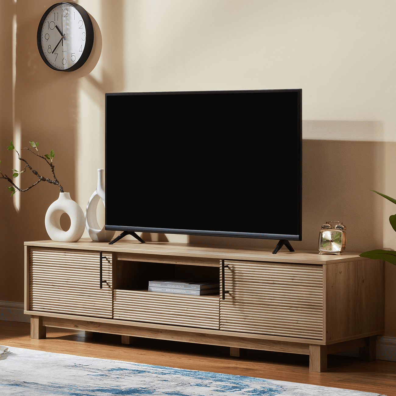 Mid-Century Modern TV Stand for 70" TVs, Wood TV Console with Reeded 2-Door for Living Room, Nature