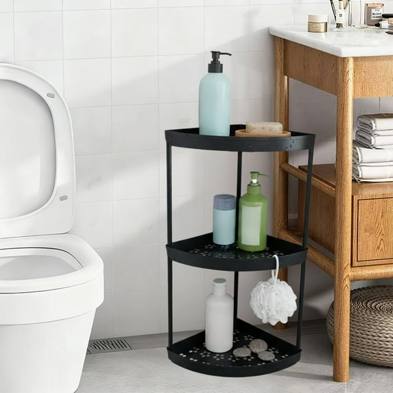 3-Tier Freestanding Corner Bathroom Storage Rack with Slim Profile, Compact Plastic Shelf for Toiletries Shower Essentials, Space-Saving Organizer for Tight Corners and Small Bathrooms