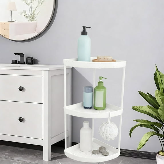 3-Tier Freestanding Corner Bathroom Storage Rack with Slim Profile, Compact Plastic Shelf for Toiletries Shower Essentials, Space-Saving Organizer for Tight Corners and Small Bathrooms