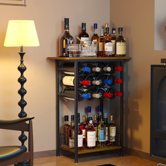 3-Tier Freestanding Corner Wine Rack with 12 Bottle Compartments and Wood-Grain Top Black Metal Frame
