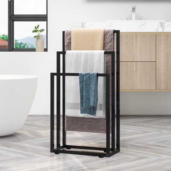 3 Tier Freestanding Metal Towel Rack, Floor Drying Holder Organizer, Rustproof Storage Shelf for Bathroom Poolside Use, Black