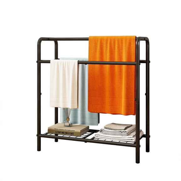 3-Tier Freestanding Metal Towel Rack Space-Saving Storage & Display Organizer in Black, Perfect for Bathroom, Bedroom, and Poolside Use