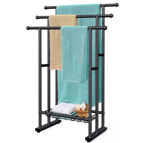 3-Tier Freestanding Towel Rack, 40" High Alloy Steel Stand with Basket, Blanket Drying and Display Rack for Large Bath Towels, Bathroom Organizer for Next to Shower or Tub