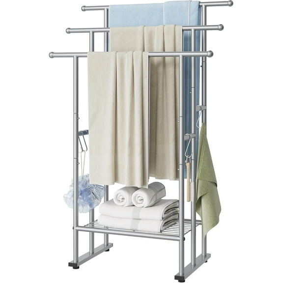 3-Tier Freestanding Towel Rack with Shelf, 40 Inch Tall, Silver Powder-Coated Metal, Rectangular