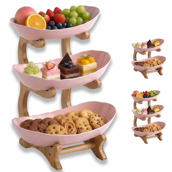 3 Tier Fruit Basket for Counter, 3 Tier Oval Fruit Basket with Bamboo ...