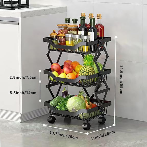 3 Tier Fruit Basket for Counter - Metal Wire Fruit Basket for Kitchen, Fruteros para Cocina, Fruit and Vegetable Storage Rolling Cart, Pantry Kitchen Storage with Wheels, Potato Onion Storage Rack