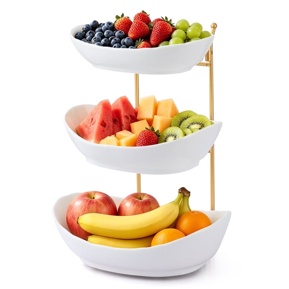 3 Tier Fruit Basket for Kitchen Counter, Large Ceramic Fruit Bowl & Berry Bowl with Gold Stand, Tiered Fruit Basket Fruit Holder for Countertop for Snacks, Nuts, Bread & Candy Storage