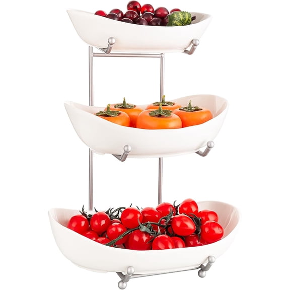 3 Tier Fruit Basket for Kitchen Counter, Silver/White Ceramic Fruit Bowl for Countertop, Home Fruit Rack with Holder, Vegetable Bowl Snacks Nuts Bread Candy Storage (White)