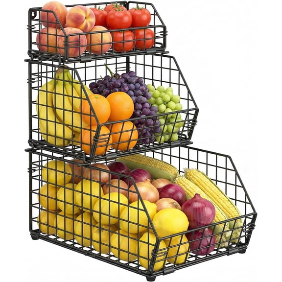 3-Tier Fruit Basket for Kitchen Counter, Stackable Wire Baskets Wall, Potato and Onion Storage Bins, Pantry Organizers, Pantry Storge and Storage for Potato, Onion, Produce, Fruit, Vegetable, Snack