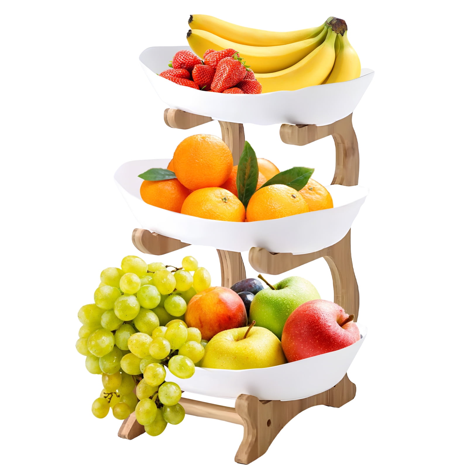 3 Tier Fruit Basket for Kitchen Plastic Fruit Bowl with Bamboo Wood Stand Easy Install 3 Tier Serving Stand Snack Dessert Cake Tray Plate Rack for Party Wedding Buffet