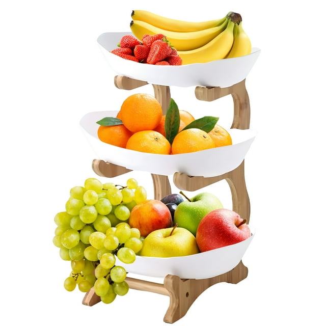 3 Tier Fruit Basket for Kitchen Plastic Fruit Bowl with Bamboo Wood Stand Easy Install 3 Tier