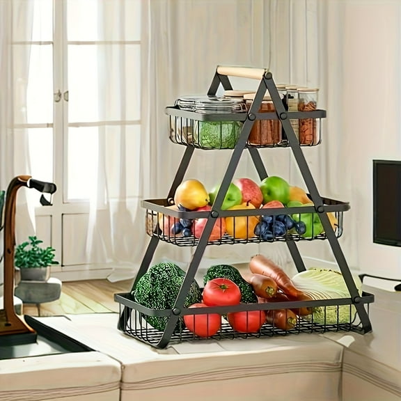 3-Tier Fruit Basket - Large Capacity Black Wire Stand For Kitchen Counter, Ideal For Fruits & Vegetables, Modern Home Decor Design, Utility Racks