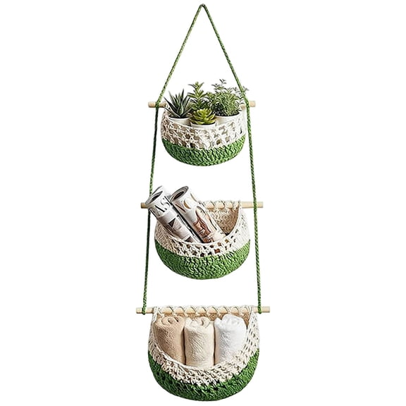 3 Tier Fruit Basket Macrame Wall Mounted Hanging Fruit Vegetable Mesh Bag Storage Organizer for Kitchen Bathroom Dorm Bedroom Living Room 35.4 Inches Natural Rope Bohemian Decor