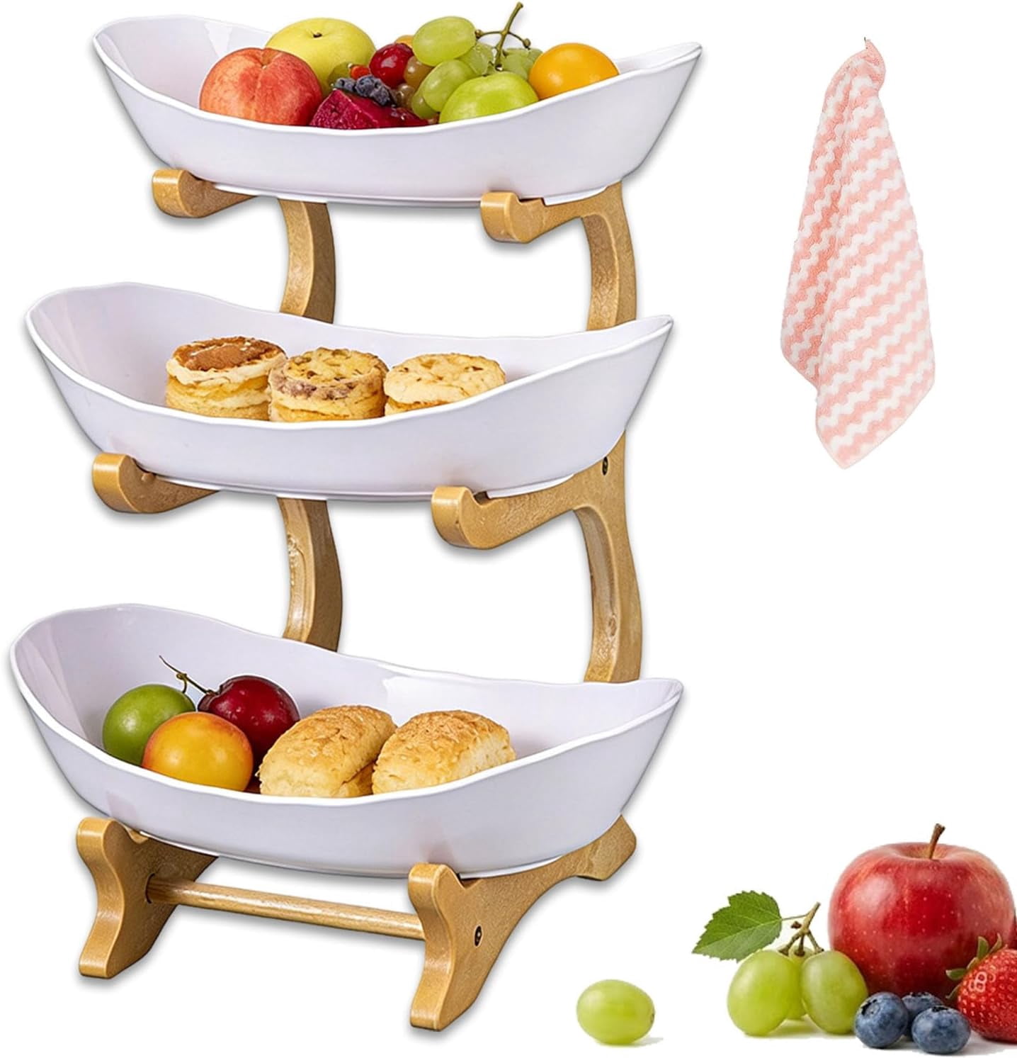 3-Tier Fruit Basket Oval Bamboo Stand Kitchen Countertop Storage