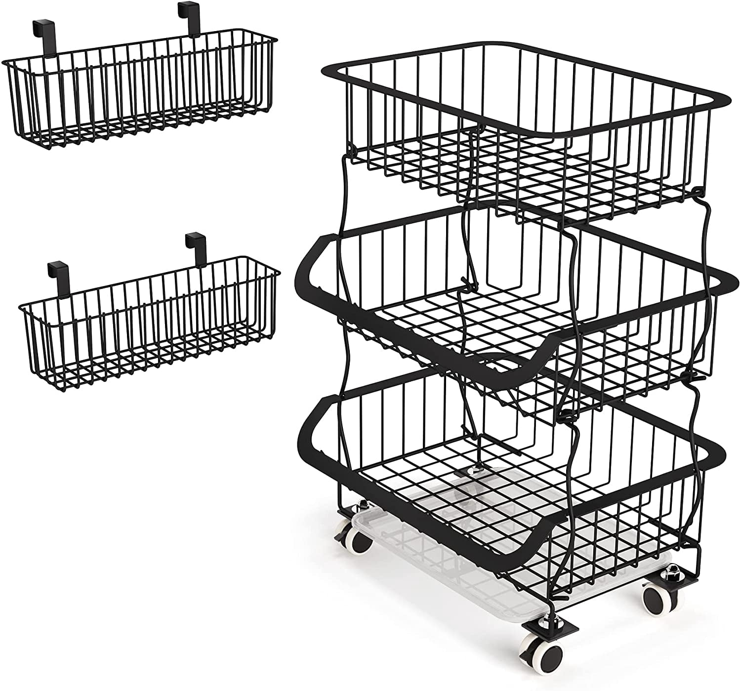 3 Tier Fruit Basket, Stackable Metal Wire Basket Cart with Rolling Wheels