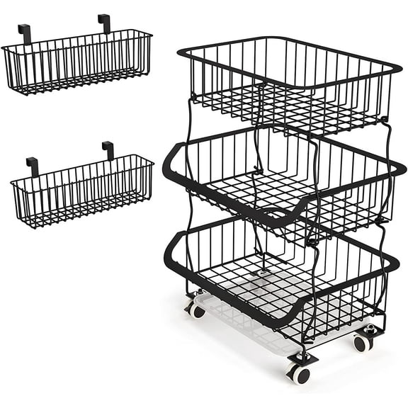 3 Tier Fruit Basket, Stackable Metal Wire Basket Cart with Rolling Wheels