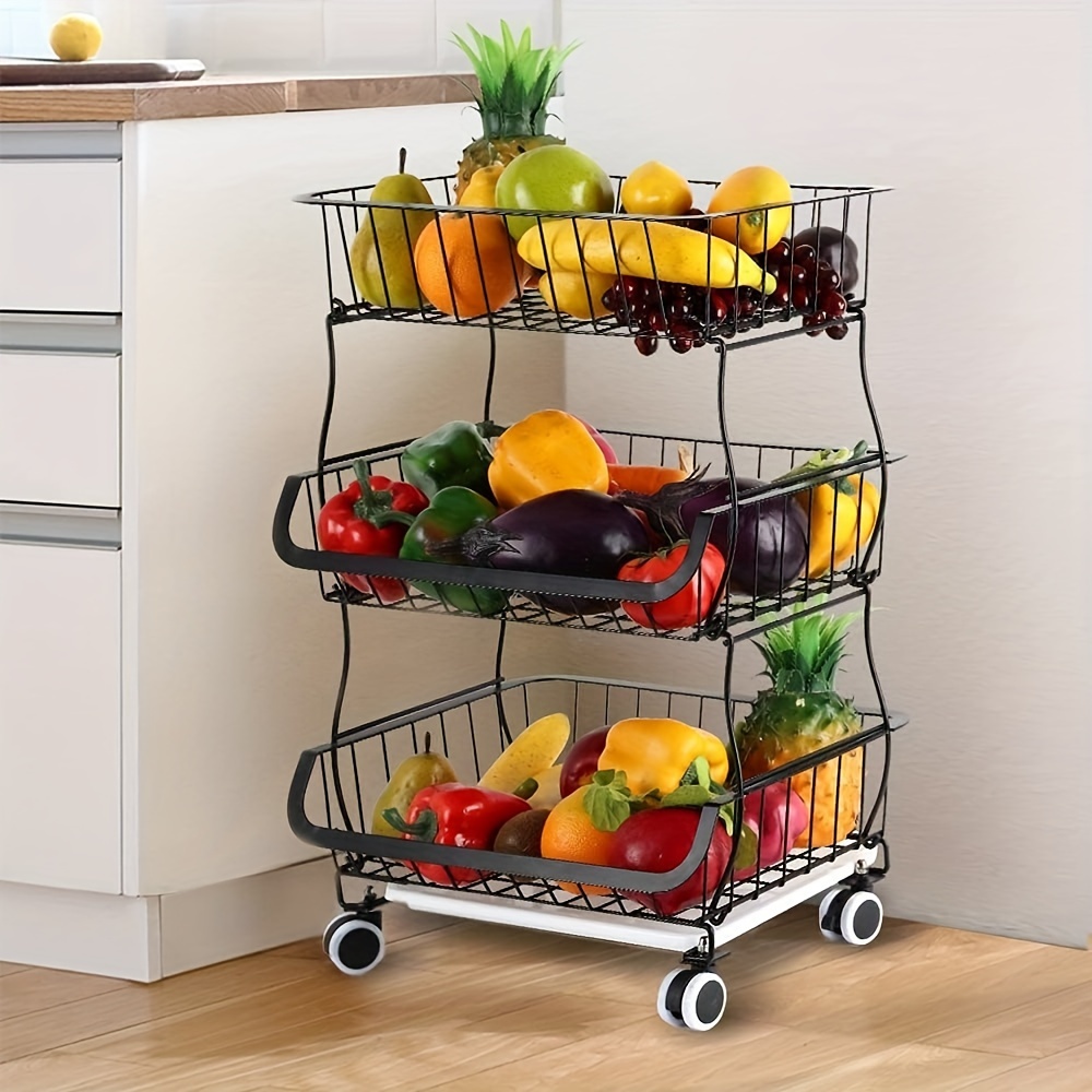 3-Tier Fruit Basket Stackable Rolling Cart On Wheels With Baskets, Lockable Metal Wire Storage Rack Utility Trolley Fruit Stand For Kitchen Counter Pantry