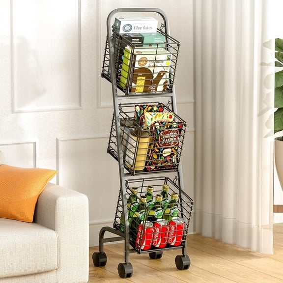 3-Tier Fruit Basket Stand for Kitchen, Wire Market Basket Food Storage Stand with Wheels, Vegetable Produce Pantry Basket Organizer