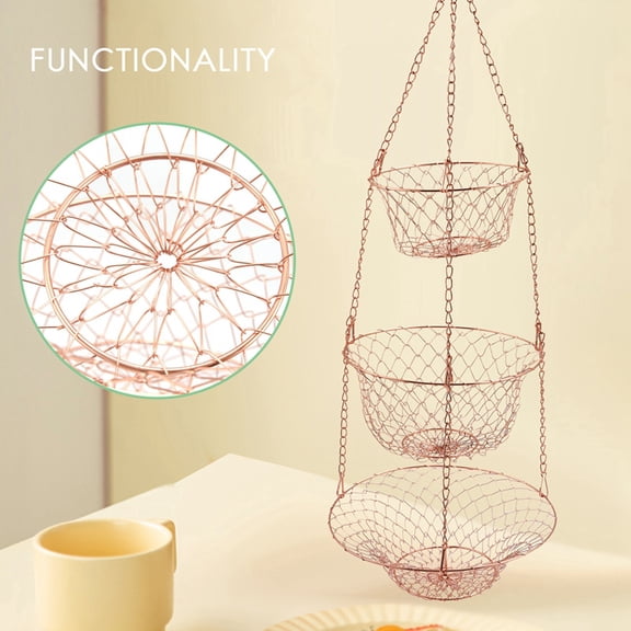 3 Tier Fruit Basket, Vegetable Kitchen Storage Basket Chain Hanging Space Saving Fruits, Plants Storage Basket(Copper)