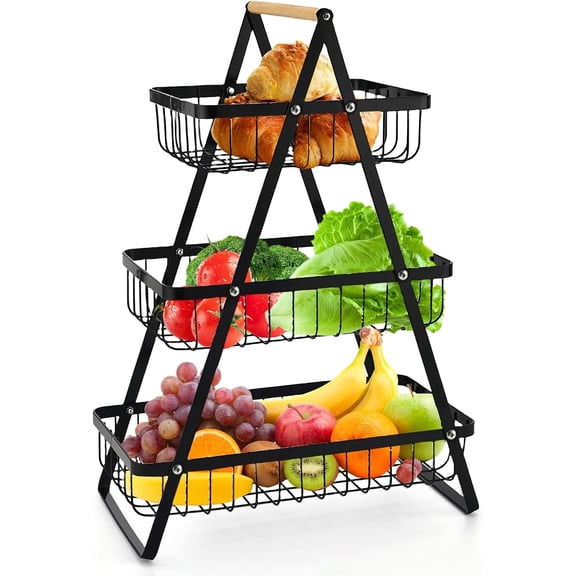 3 Tier Fruit Basket with Wooden Handles, AOKIWO Metal Storage Basket Kitchen Office Home Counter Dining Organizer for Fruit, Vegetable, Snacks, Black
