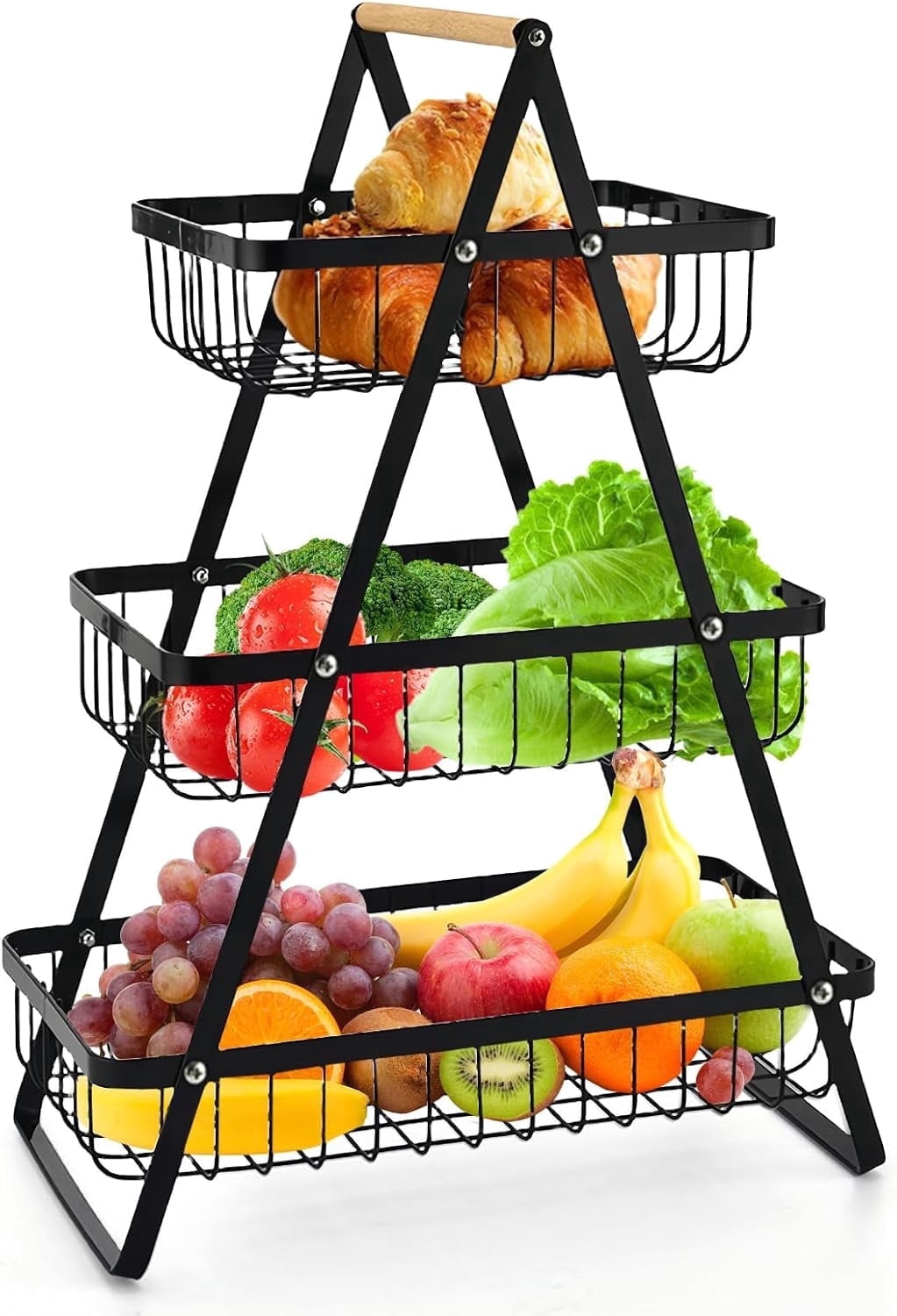 3 Tier Fruit Basket with Wooden Handles, TAIMASI Metal Storage Basket Kitchen Office Home Counter Dining Organizer for Fruit, Vegetable, Snacks, Black