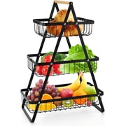 3 Tier Fruit Basket with Wooden Handles, TAIMASI Metal Storage Basket Kitchen Office Home Counter Dining Organizer for Fruit, Vegetable, Snacks, Black