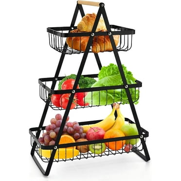 3 Tier Fruit Basket with Wooden Handles, AOKIWO Metal Multifunctional Kitchen Counter & Dining Organizer for Fruit, Vegetable, Pasta, Bread, Bathroom Storage