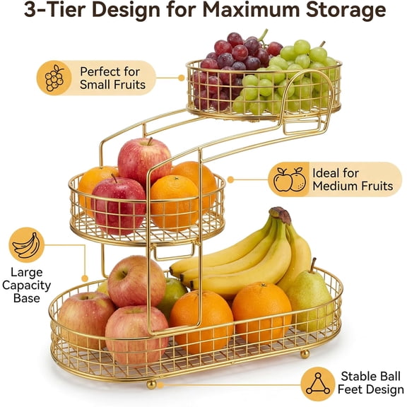 3-Tier Fruit Basket for Kitchen Counter, Metal Wire Vegetable Storage Stand, Space Saving Organizer with for Fruits, Cans, Snacks, Bread,