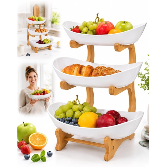 3 Tier Fruit Basket for Kitchen Counter, Oval Plastic Fruit Bowl with Bamboo Stand