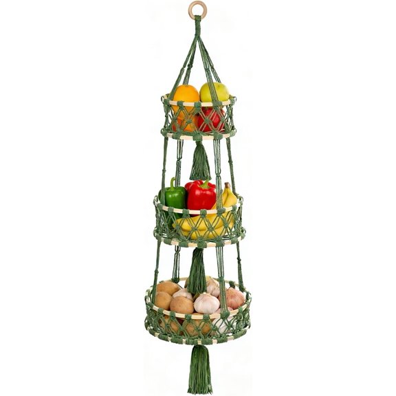 3 Tier Fruit Baskets for Kitchen, Macrame Hanger Rope Handwoven Hammock Produce Storage Organizer Basket for Holder, Vegetable, Onion, (Green)