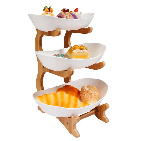 3 Tier Fruit Bowl with Bamboo Wood Stand for Kitchen Counter, Fruit Basket for Vegetable Storage,Snack, Nuts, Dessert, Cake Tray Plate Rack for Home Event Party Wedding