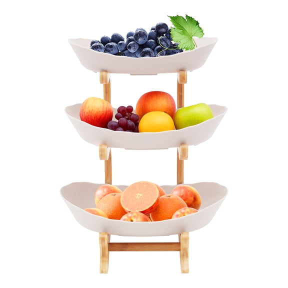 3 Tier Fruit Bowl with Bamboo Wood Stand for Kitchen Counter, Fruit Basket for Vegetable Storage,Snack, Nuts, Dessert, Cake Tray Plate Rack for Home Event Party Wedding