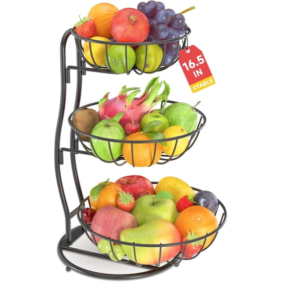 3 Tier Fruit Bowl Basket, Kitchen Counter Vegetable Holder Stand, Metal Produce Countertop Organizer, Corner Multi Tiers Storage Rack, Sturdy Base for Banana, Potato, Easy Setup, Black
