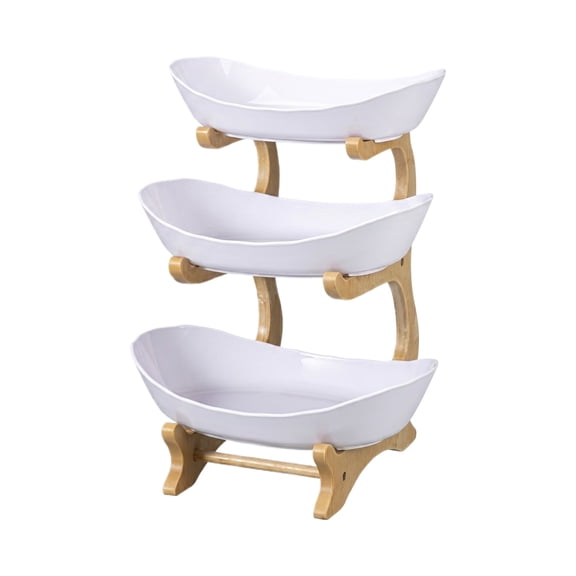 3 Tier Fruit Bowl for Counter, Bamboo Wood Stand for Kitchen Counter,Porcelain Fruit Basket for Vegetable Storage,Snack Dessert Cake Tray Plate Rack for Party Wedding