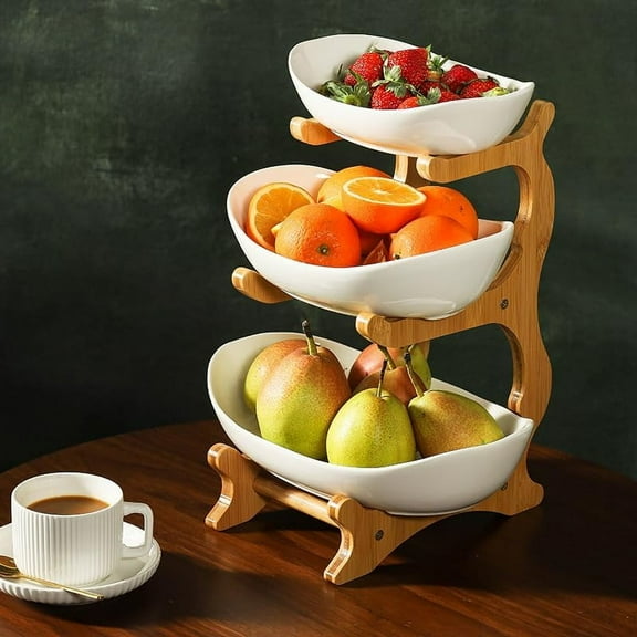 White 3 Tier Ceramic Fruit Bowl with Bamboo Stand, Kitchen Countertop Storage for Fruits Vegetables, Space Saving Tiered Basket for Dining Table Decor
