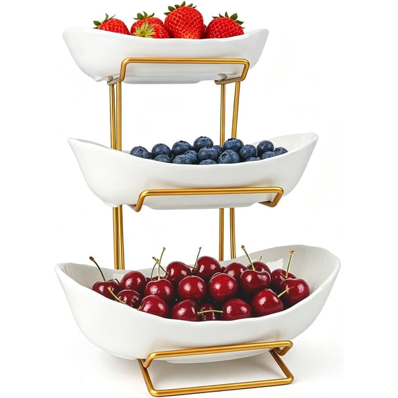 3 Tier Fruit Bowl for Kitchen Counter, Ceramic Fruit Basket with Metal Stand for Countertop, Serving Trays for Party, Vegetable Holder with Rack for Snacks Nuts Bread Dessert Candy Storage (White)