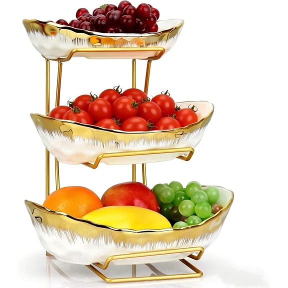 Fruit Bowl for Kitchen Counter, 3 Tier Ceramic Fruit Bowl for the Living Room, Home Fruit Bowl with Holder, Vegetable Bowl Snacks Cake Bread Candy Storage