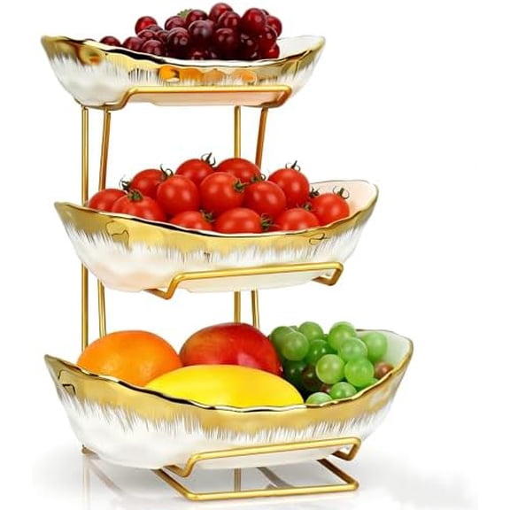 3 Tier Fruit Bowl for Kitchen Counter, Gold Trim Ceramic Fruit Stand Basket for Countertop, Fruit Rack with Thickened Metal Holder, Vegetable Bowl Dessert Nuts Bread Candy Storage