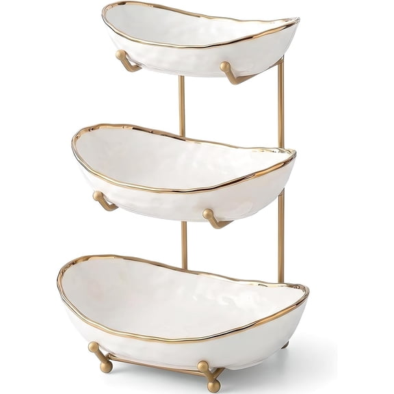 3 Tier Fruit Bowl for Kitchen Counter, White Ceramic Fruit Basket for Countertop, Fruit Stand with Metal Holder, Vegetable Bowl Snacks Nuts Bread Candy Storage ( 3-layer)