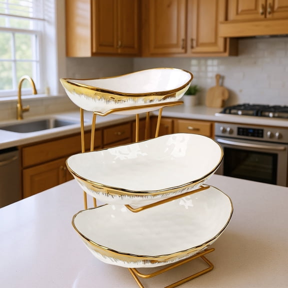 3 Tier Fruit Bowl for Kitchen Counter, White Gold Ceramic Fruit Stand for Countertop, Home Fruit Rack with Holder, Vegetable Bowl Snacks Cake Bread Candy Storage ,White