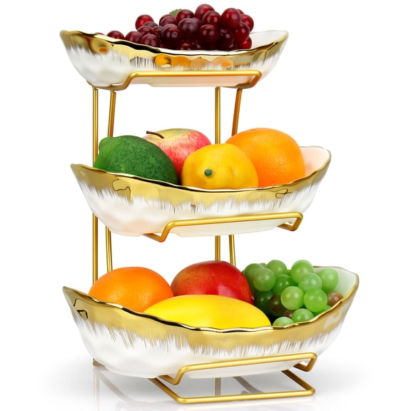 3 Tier Fruit Bowl for Kitchen Counter, White Gold Ceramic Fruit Stand for Countertop, Home Fruit Rack with Holder, Vegetable Bowl Snacks Cake Bread Candy Storage ,White