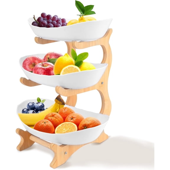 3 Tier Fruit Bowl for Kitchen Countertop, Plastic Fruit Basket Rack with   Stand for Tiered Vegetable Storage Tray, Salad Cake Snack Dessert Party (White)