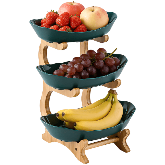 3-Tier Fruit Bowl with Stand, Plastic Fruit Bowls with Bamboo Stand, 3-Tier Fruit Serving Tray Set, Large Fruit Basket for Kitchen, Oval Serving Bowls with Wood Rack for Desserts, Sushi, Candies