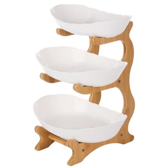3-Tier Fruit Bowl with Stand, Plastic Fruit Bowls with Bamboo Stand, 3-Tier Fruit Serving Tray Set, Large Fruit Basket for Kitchen, Oval Serving Bowls with Wood Rack for Desserts, Sushi, Candies