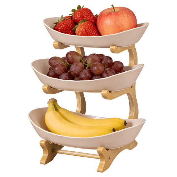 3-Tier Fruit Bowl with Stand, Plastic Fruit Bowls with Bamboo Stand, 3-Tier Fruit Serving Tray Set, Large Fruit Basket for Kitchen, Oval Serving Bowls with Wood Rack for Desserts, Sushi, Candies