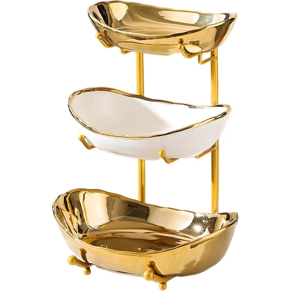 3 Tier Fruit Bowl for Kitchen Counter with Metal Stand, Ceramic White Gold, Tiered Fruit Basket for Nuts, Snacks, Bread, Candy Storage (Gold)