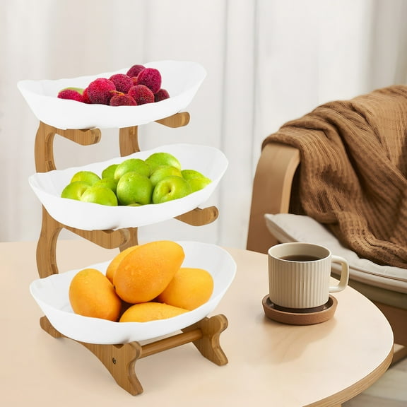 3-Tier Fruit Bowl with Bamboo Wood Stand, Snack Dessert Cake Tray Serving Plate Rack White
