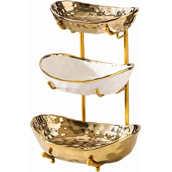 3-Tier Fruit Bowl with Metal Stand in Gold, Ceramic Tiered Basket for Nuts Snacks Bread Candy